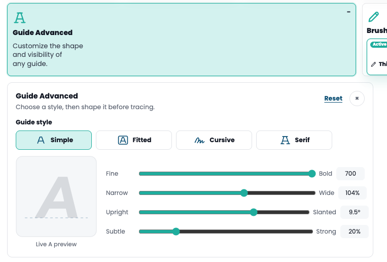 Premium Advanced Guide controls for style, weight, width, slant, and visibility in Make Your Own Font