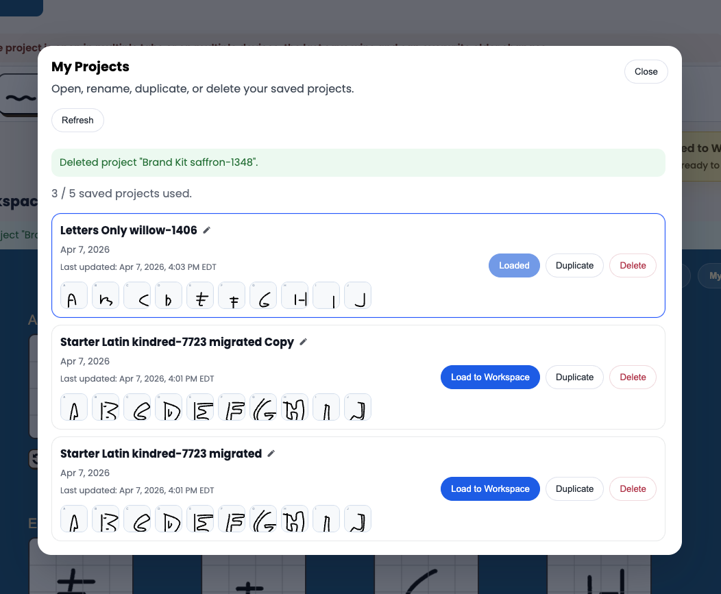 Premium font projects view showing saved project organization in Make Your Own Font